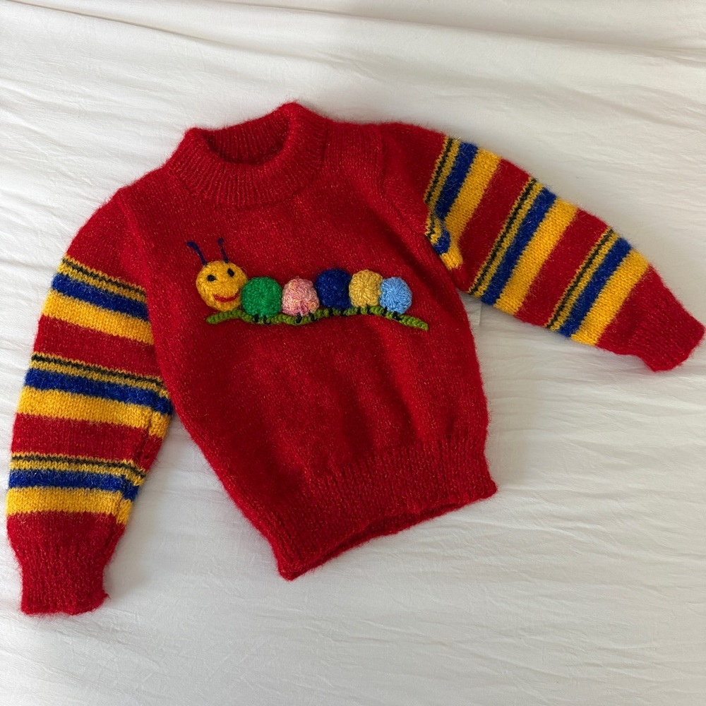 Baby/Toddler 18-24M handmade Caterpillar Red Striped Crew Neck Knit Sweater